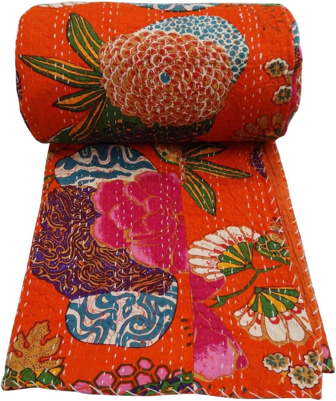 Sophia-Art Twin/King Indian Fruit Reversible Bedspread Pattern Gudri Pure Cotton Kantha Style Quilt Floral Fruit Print Decorative Kantha Stitch Quilt (Orange, King 90 * 108 Inches)