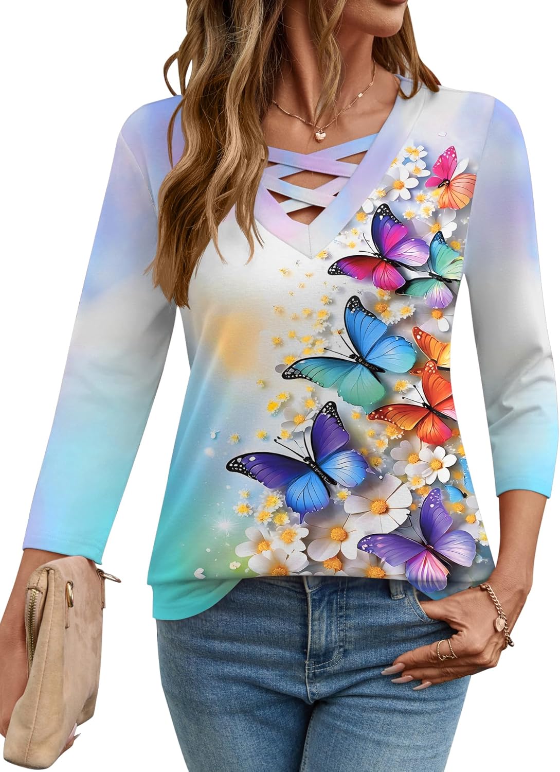 Rapbin Women Blouses Dressy Casual Spring Tops 3/4 Length Sleeve Womens T Shirts V Neck Criss Cross Tees - Image 2