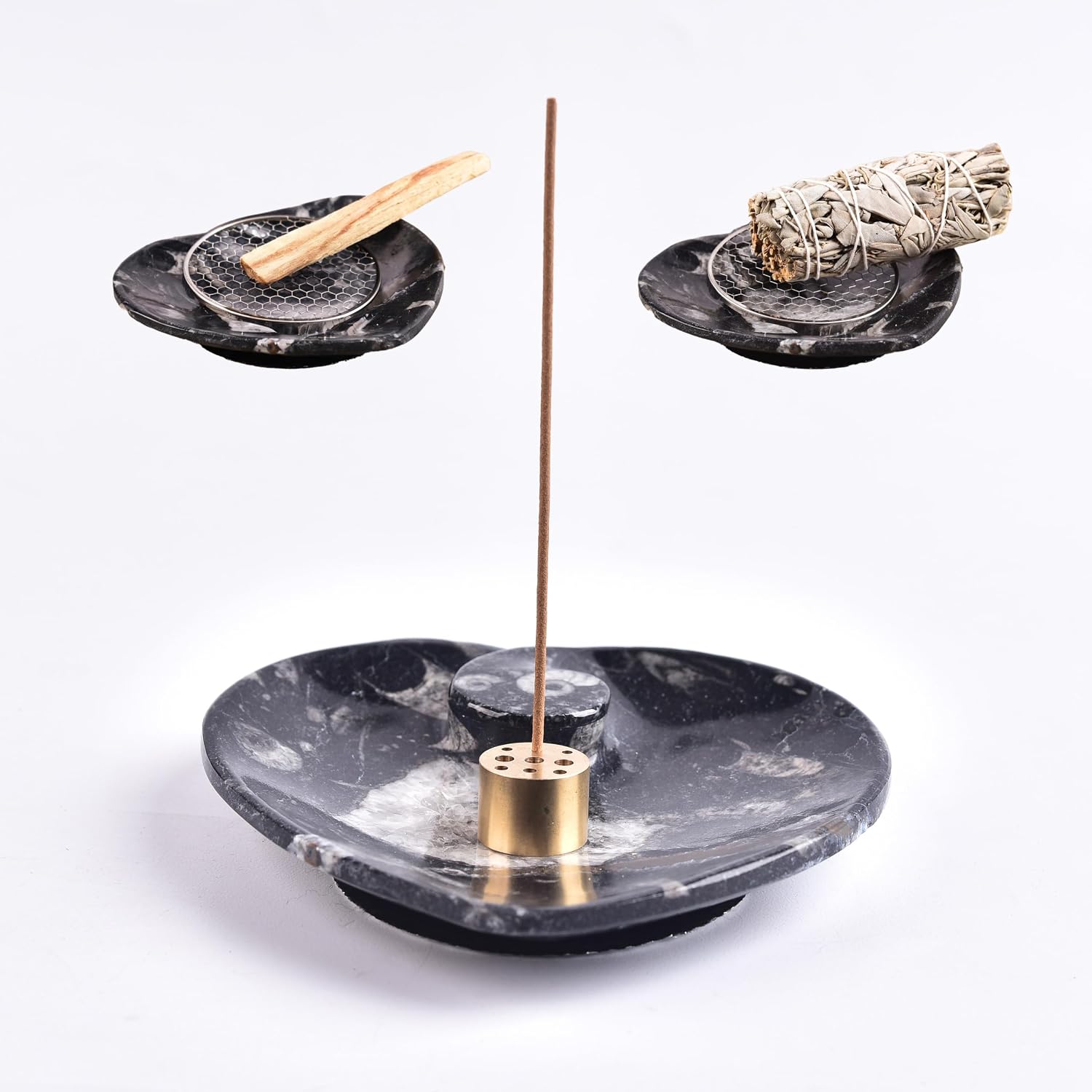 CNYANFEI Round Natural Orthoceras Fossil Bowl Incense Holder Smudge Kit | Fireproof mesh, Heat-resistant pad, Cleaning Brush, Tweezers