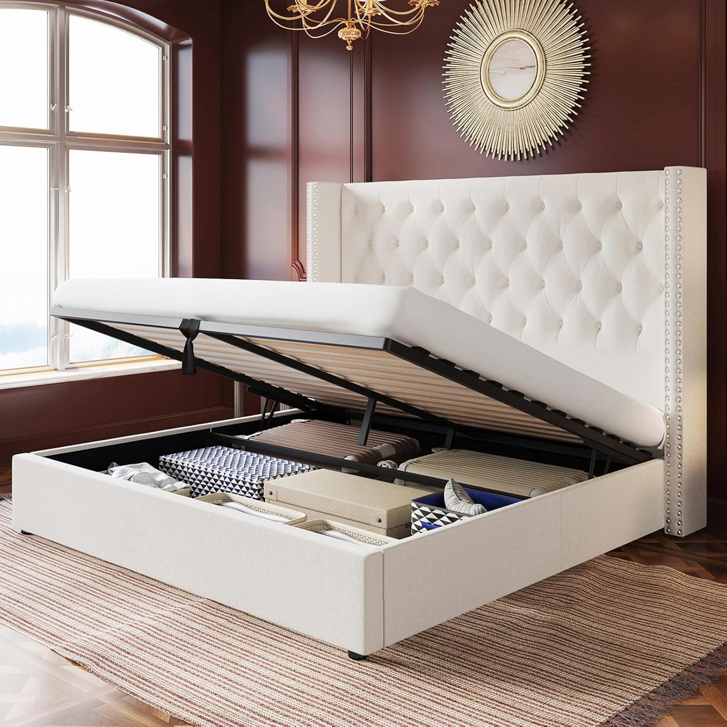 VanAcc Queen Bed Frame Lift Up Storage Bed with Headboard 50" Button Tufted Wingback