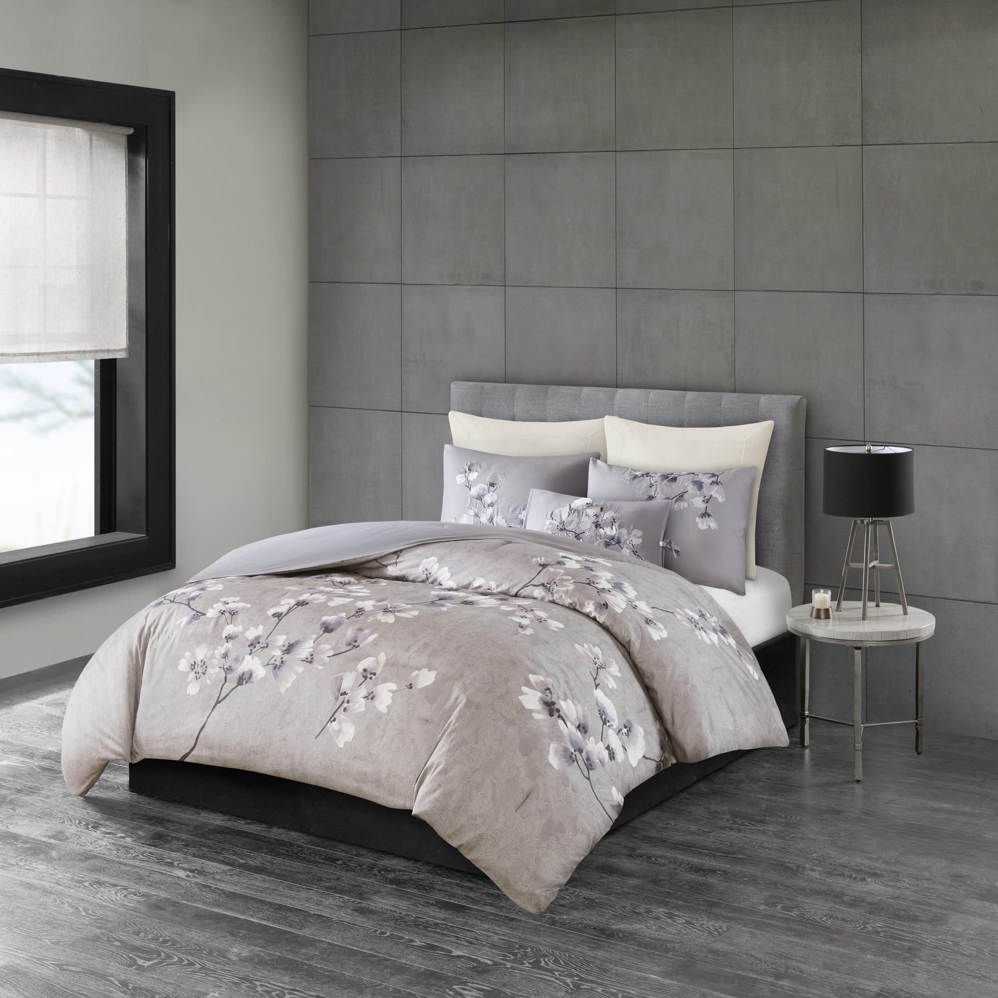 N Natori Sakura Cotton Comforter Reversible Solid Cherry-Blossom Flower Floral Print Embroidered Pillow Soft Down Alternative All Season Bedding-Set, Full/Queen(92