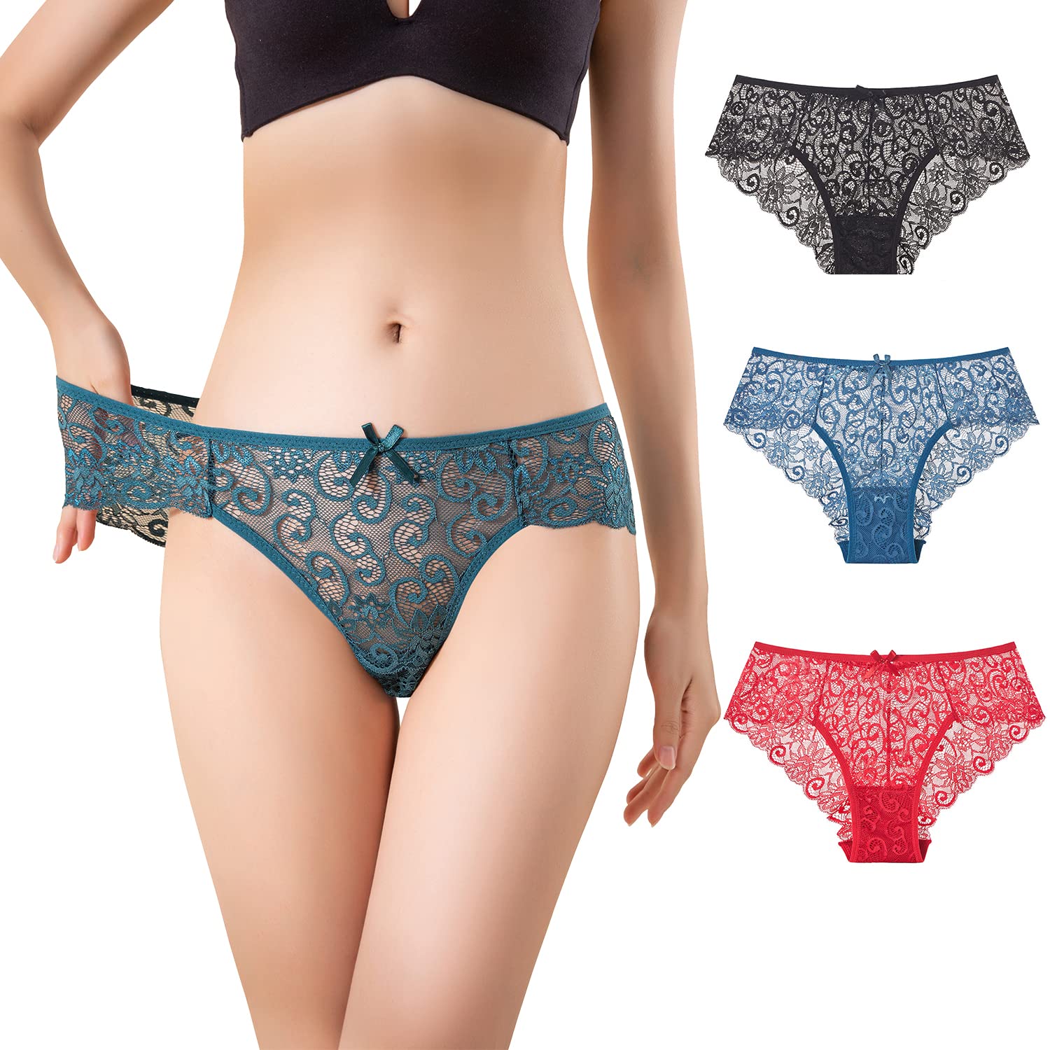 Alfiano Women's A-Brg-3Pcs Pack Of 3/5 Lace Knickers,Brazilian Knickers Multipack,Bikini Lace Panty For ,High Waist Lace Panties For