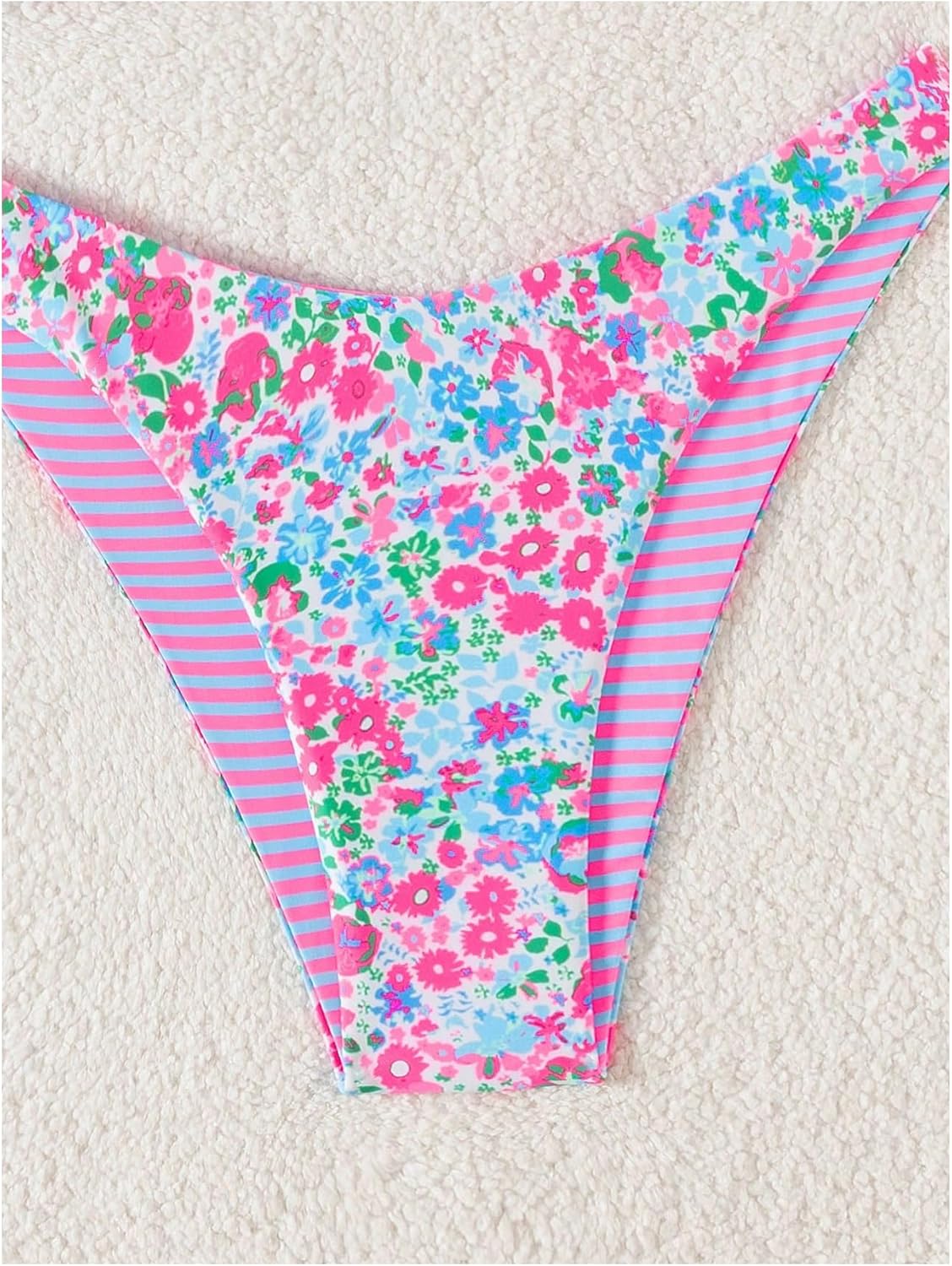 WDIRARA Women's 2 Piece Floral Striped Bikini Set Halter String Thong Swimsuit High Cut Bathing Suit