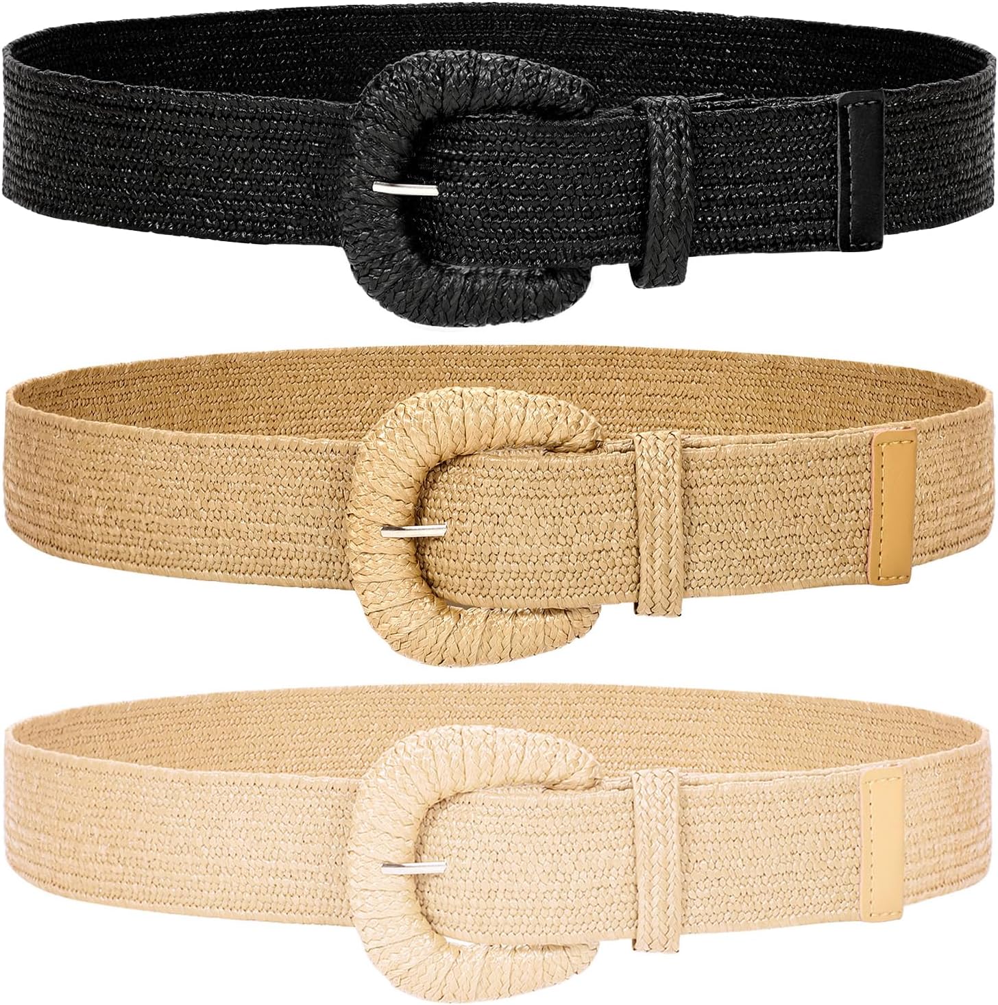 WHIPPY 3 Packs Women Straw Woven Elastic Stretch Waist Belts Fashion Boho Braided Skinny Ladies Dress Belt