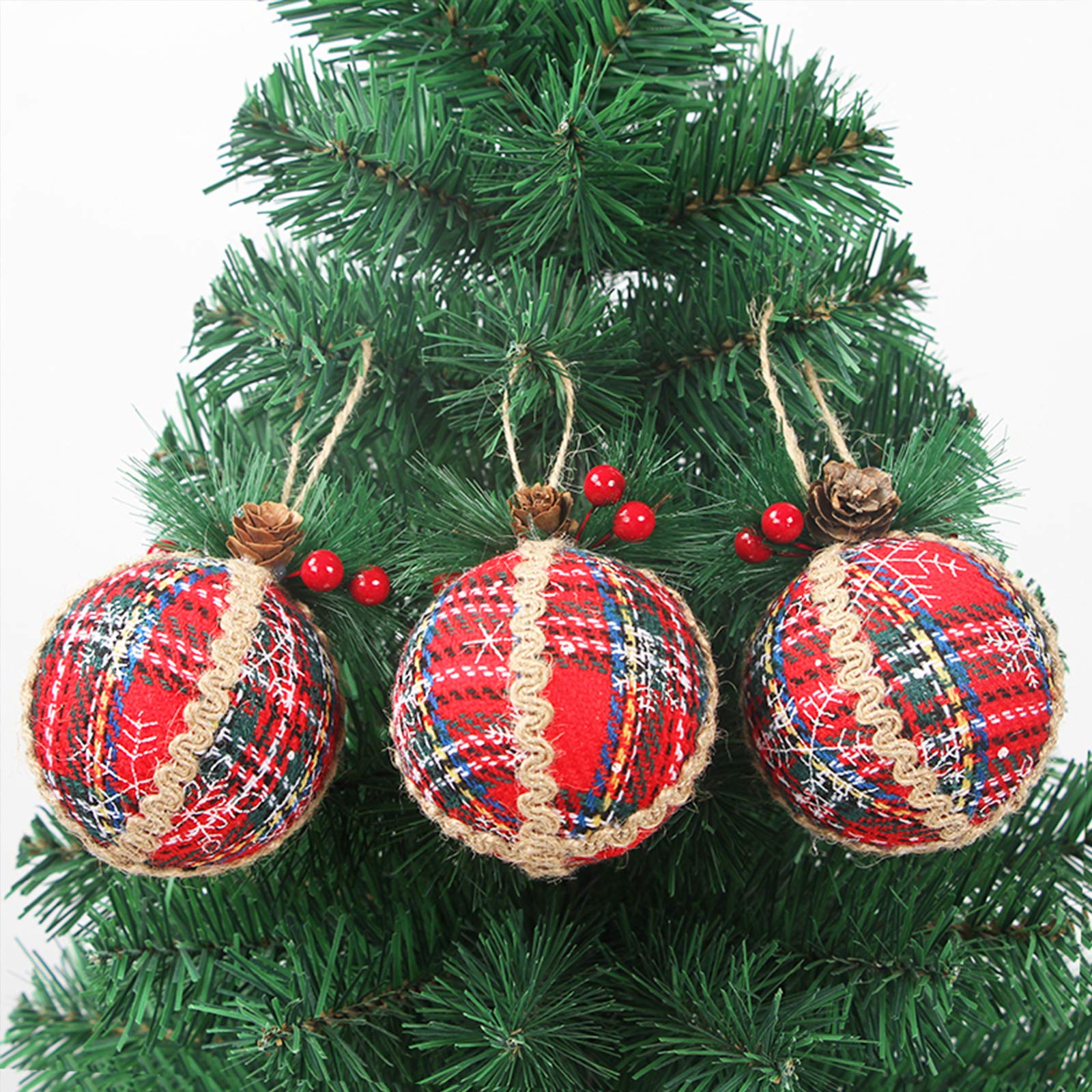 WENWELL 80mm/3.15" Buffalo Plaid Fabric Christmas Ball Ornaments,Reusable Rustic Xmas Tree Decoration Set,Black & Blue & White Burlap Hanging Decor for Holiday Wedding Party,3 Counts