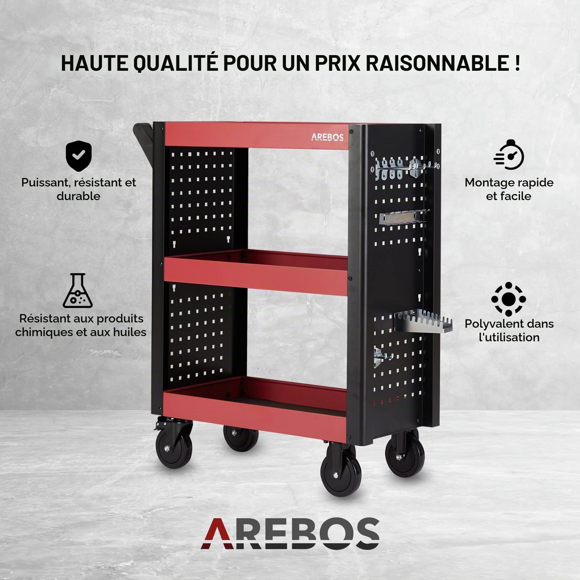 Arebos Chariot de Service Multifonctions | 3 Compartiments | Atelier, Outils, Transport et Stockage | Plateaux Multi-usages
