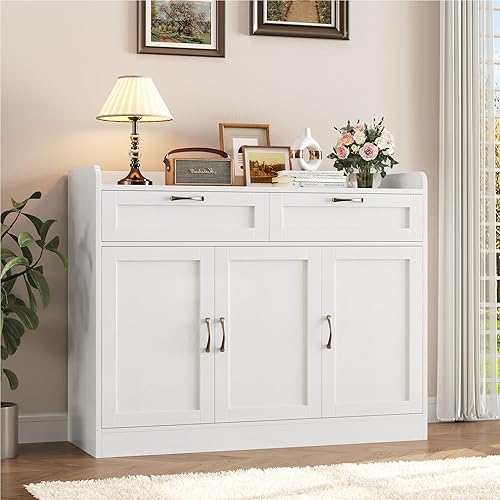 Aparador de buffet con 2 cajones de almacenamiento, gabinete de barra de café de 3 puertas con estante ajustable, gabinete de almacenamiento de