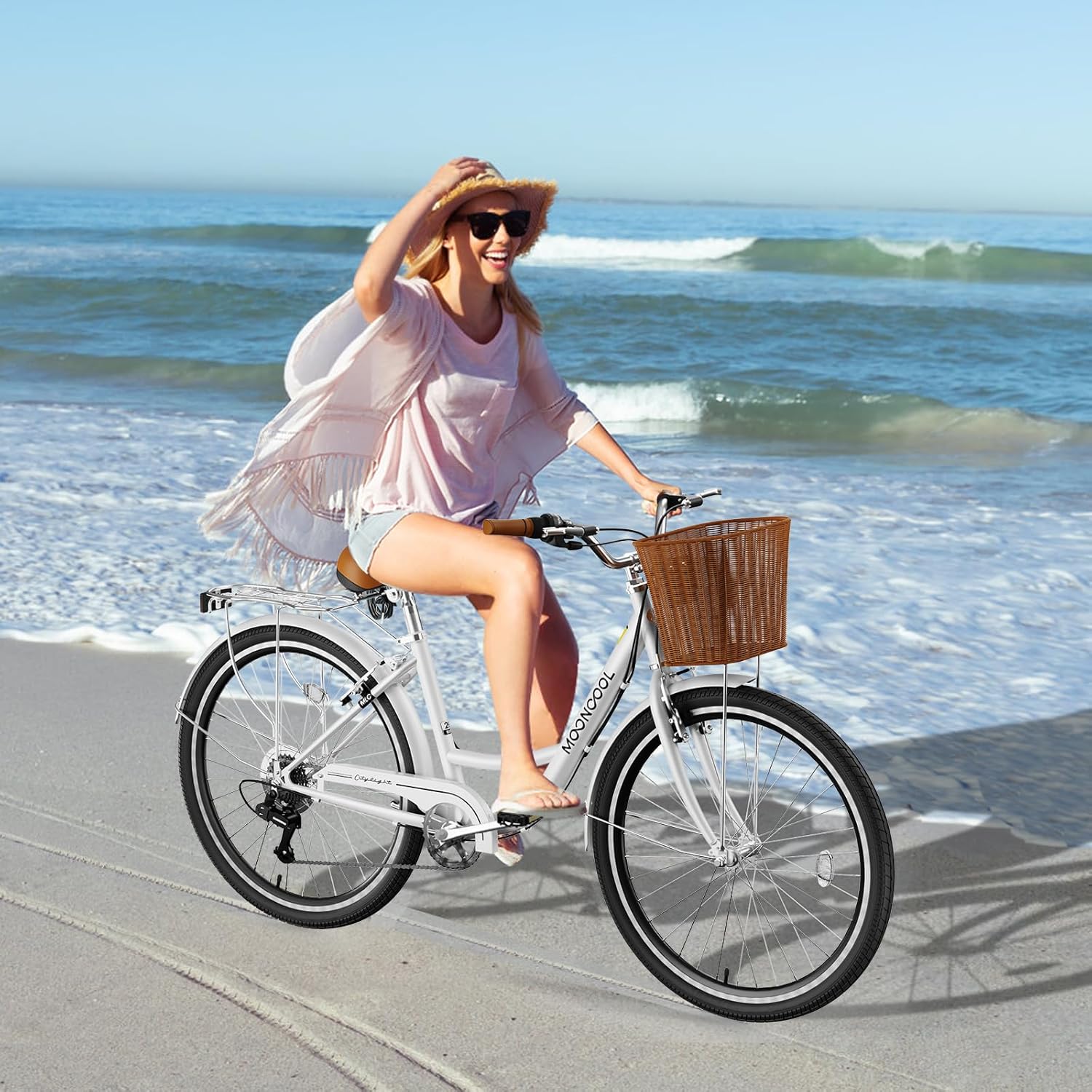 LILYPELLE Beach Cruiser Bike for Women, 24 26 inch Womens Bike with Ratten Basket & Rack, Comfort Cruiser Bicycle Step Through for City Commuter, Retro Bicycle for Seniors Ladies Adults
