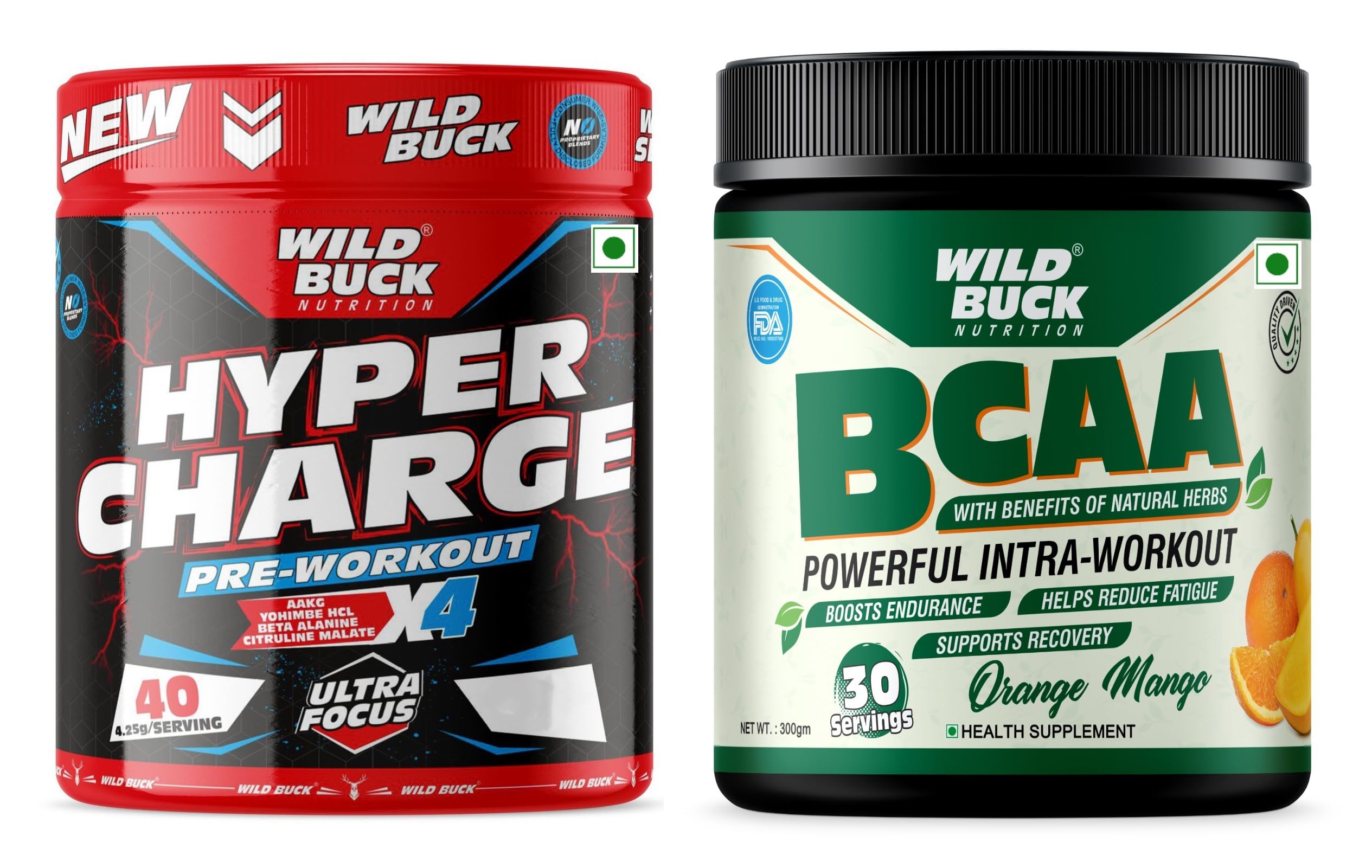 WILD BUCK Hyper Charge Pre-X4 Hardcore Pre-Workout Supplement Powder with Creatine Monohydrate, Arginine AAKG, Beta-Alanine, Caffeinated Punch -For Men & Women [40 Serv, Pina Colada] + Wild Buck BCAA Powder with Natural & Powerful Herbs for Muscle Endurance, Muscle Growth, Recovery & Hydration | Pre, Intra & Post Workout BCAAs Supplement for Women & Men [Orange Mango, 30 Servings, 300g]
