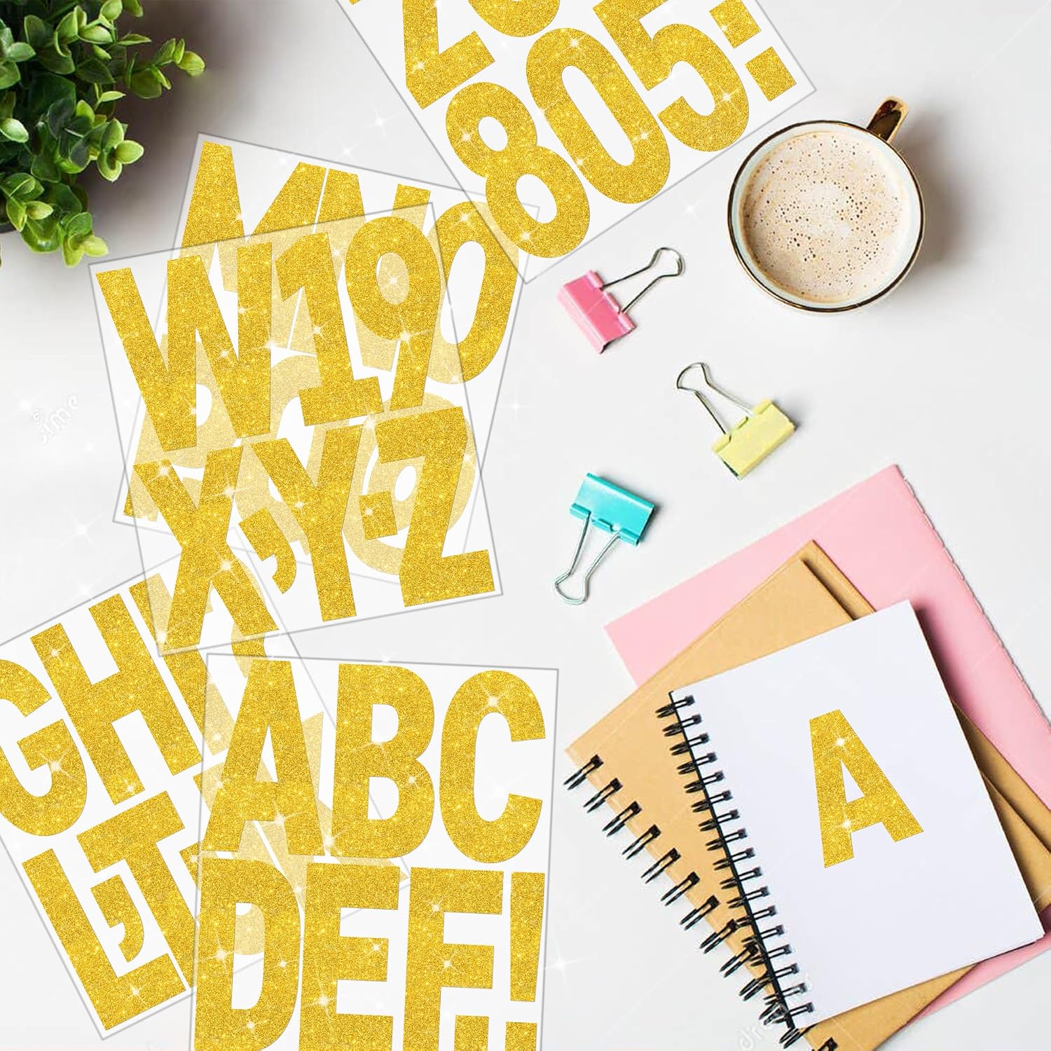 24 Sheets Large Gold Letter Stickers 6 Inch Glitter Alphabet Number Sticker | 196 Pcs,Big Font Alphabet,Self Adhesive,Stick on Letters,for Poster Board,Bulletin Board,Mailbox,Crafts,Classroom,Home Decor