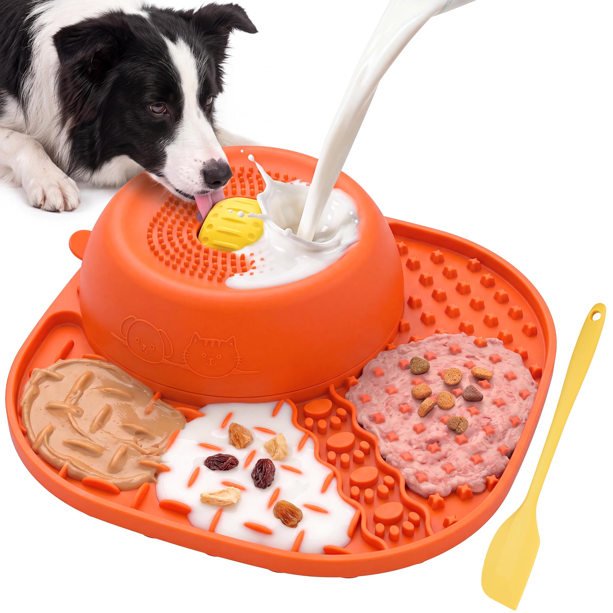 AFIING Slow Feeder Dog Bowl for Liquid Treats, Silicone Dog Lick Bowl with Rotating Ball, 2-in-1 Lick Mat for Yoghurt, Bone Broth, Wet Food, Small Medium Large Dogs & Cats, Orange