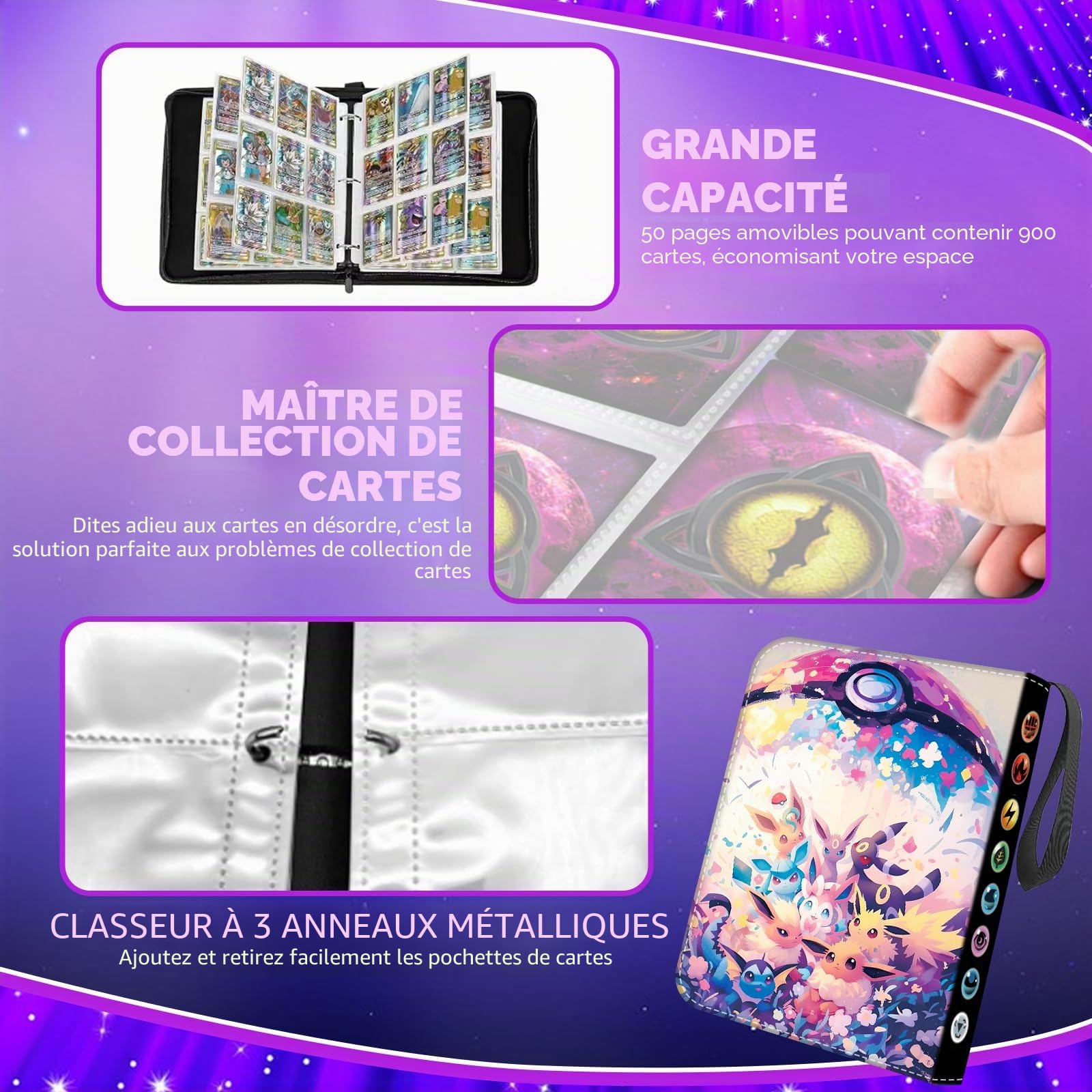 Album de cartes à collectionner - 50 pages - 900 cartes - Étanche - Avec fermeture éclair - Portable - Cadeau pour enfants
