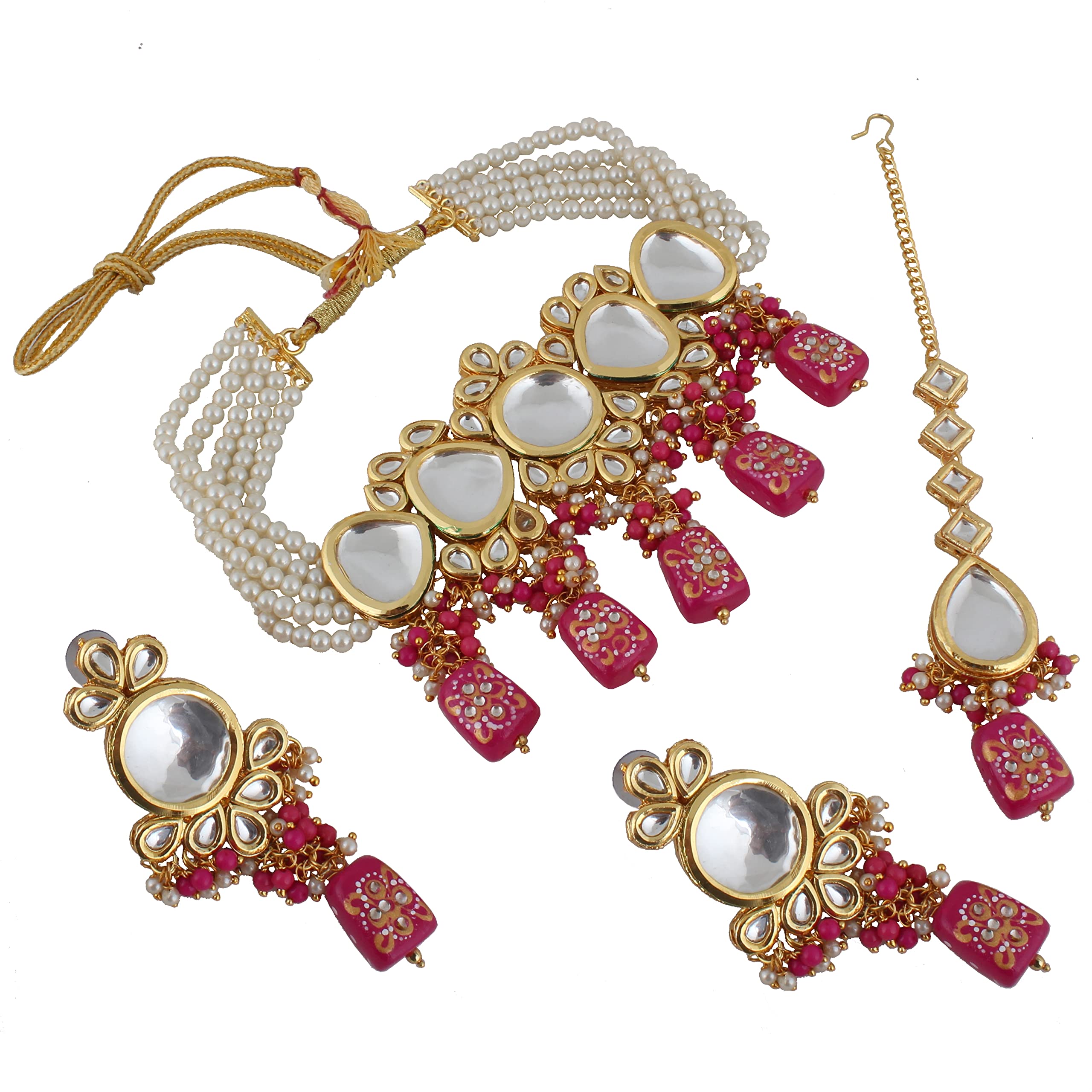 Back Meenakari 18k Gold Plated Tika Earring Combo Jewellery Set Uncut Kundan Big Faux Kundan Dibbi Kundan Choker Necklace Set for Girl's & Women