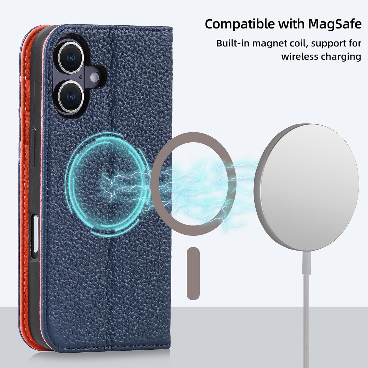 VISOUL Case for iPhone 16 Wallet Case with Card Holders, Pebbled Real Leather Wallet Phone Case with Kickstand Shockproof Flip Folio Case Compatible with iPhone 16 (6.1 inch)-Blue+Orange