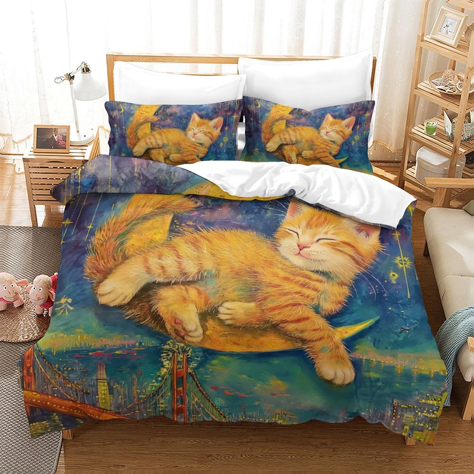 Housse de couette chat 3D parure de lit 220x240cm en microfibre avec taies pour ado