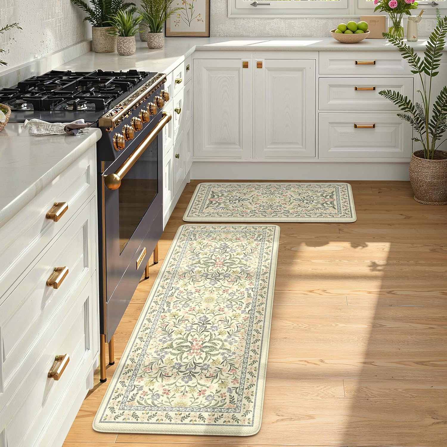 Collive Kitchen Mats for Floor 2PCS, Cushioned Anti Fatigue Rugs Non Slip Waterproof Kitchen Sink Mat, Floral Comfort Standing Mat for Bar, Office, Desk, Home Decor, Beige 20" x 47" + 20" x 32"