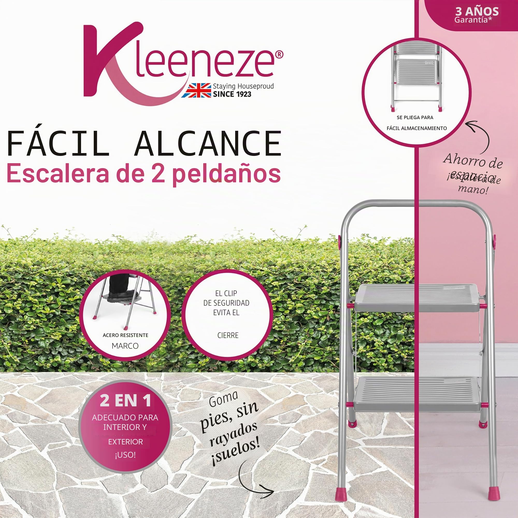 Kleeneze KL068491EU Escalera Plegable con 2 Peldaños, Fácil De Plegar, Gancho De Seguridad, Antiadherrente, Color Rosa/Gris, 80 cm