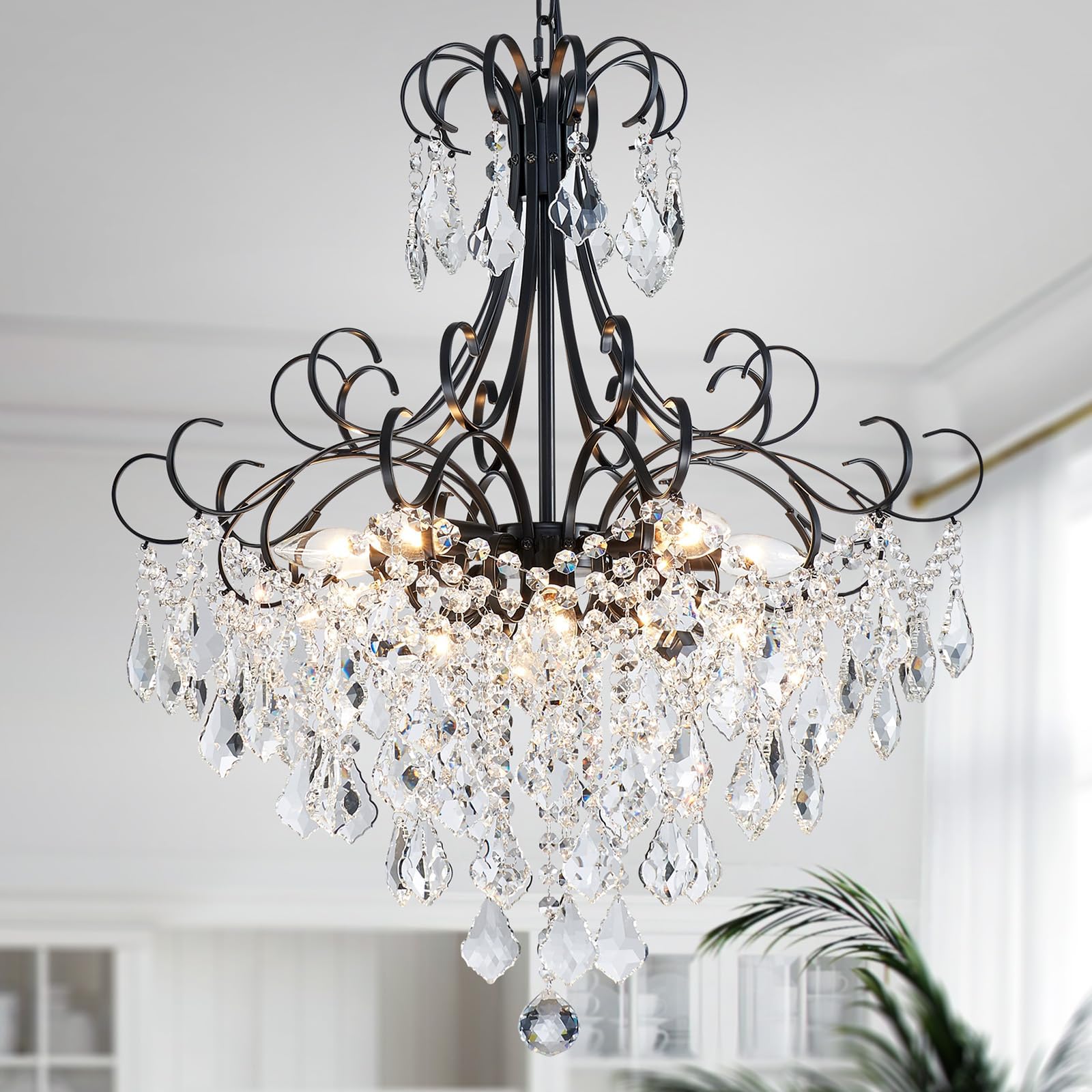 WUZUPS Crystal Chandelier 10-Light Pendant Ceiling Light Modern Lighting Fixture for Dining Room Hallway Bedroom Kitchen Bathroom, H 27.6" x W 22.8", E12 Base, Black
