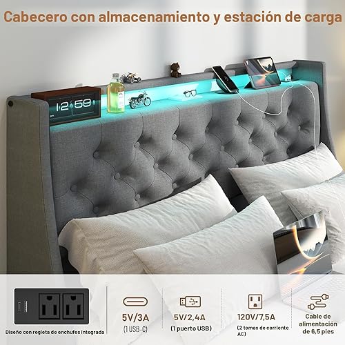Miniatura 4 de SADENICEL Marco de cama tamaño completo con cabecera de almacenamiento y 2 cajones, plataforma de marco de cama completa de metal con luz LED,