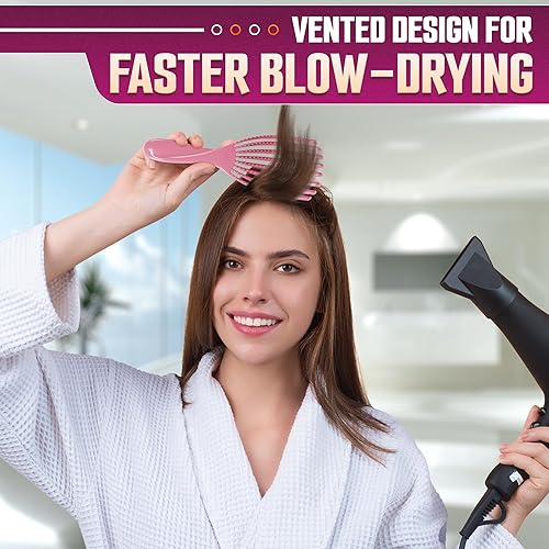 Miniatura 9 de 2 piezas de cepillo desenredante para rizos para cabello rizado rosa y violeta  Diseño ergonómico en forma de concha y cepillo desenredante que se