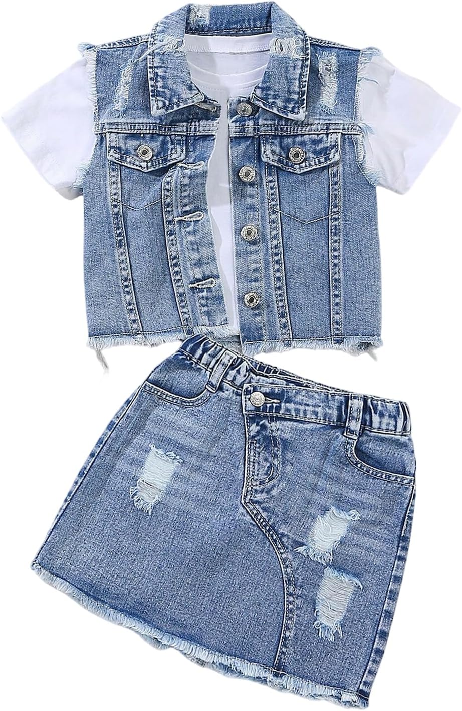 WDIRARA Girl's 2 Piece Outfit Ripped Raw Hem Denim Jacket and Mini Skirt Set