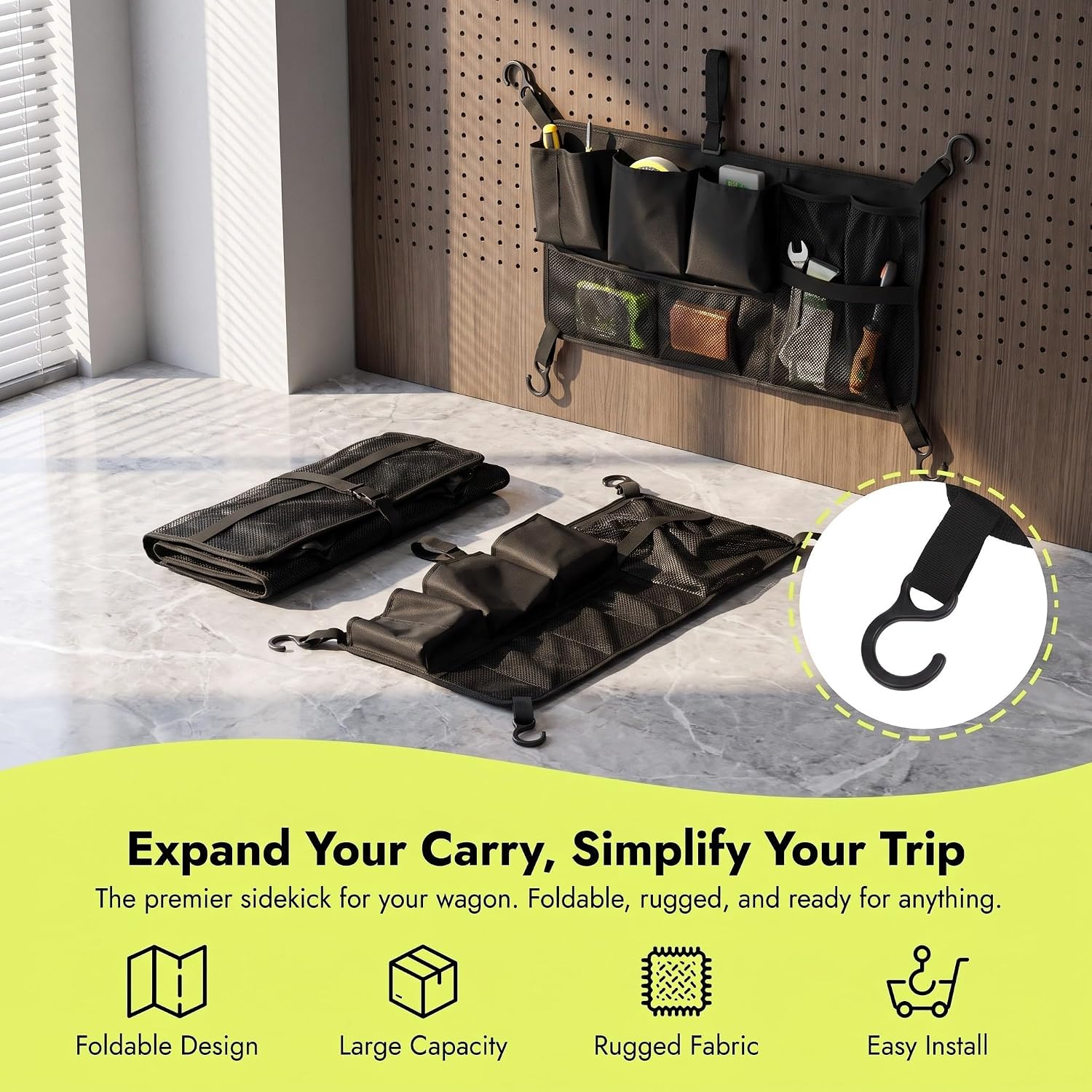 Folding Wagon Cart Side Pocket, Oxford Cloth, Black, Tool-Free image 3