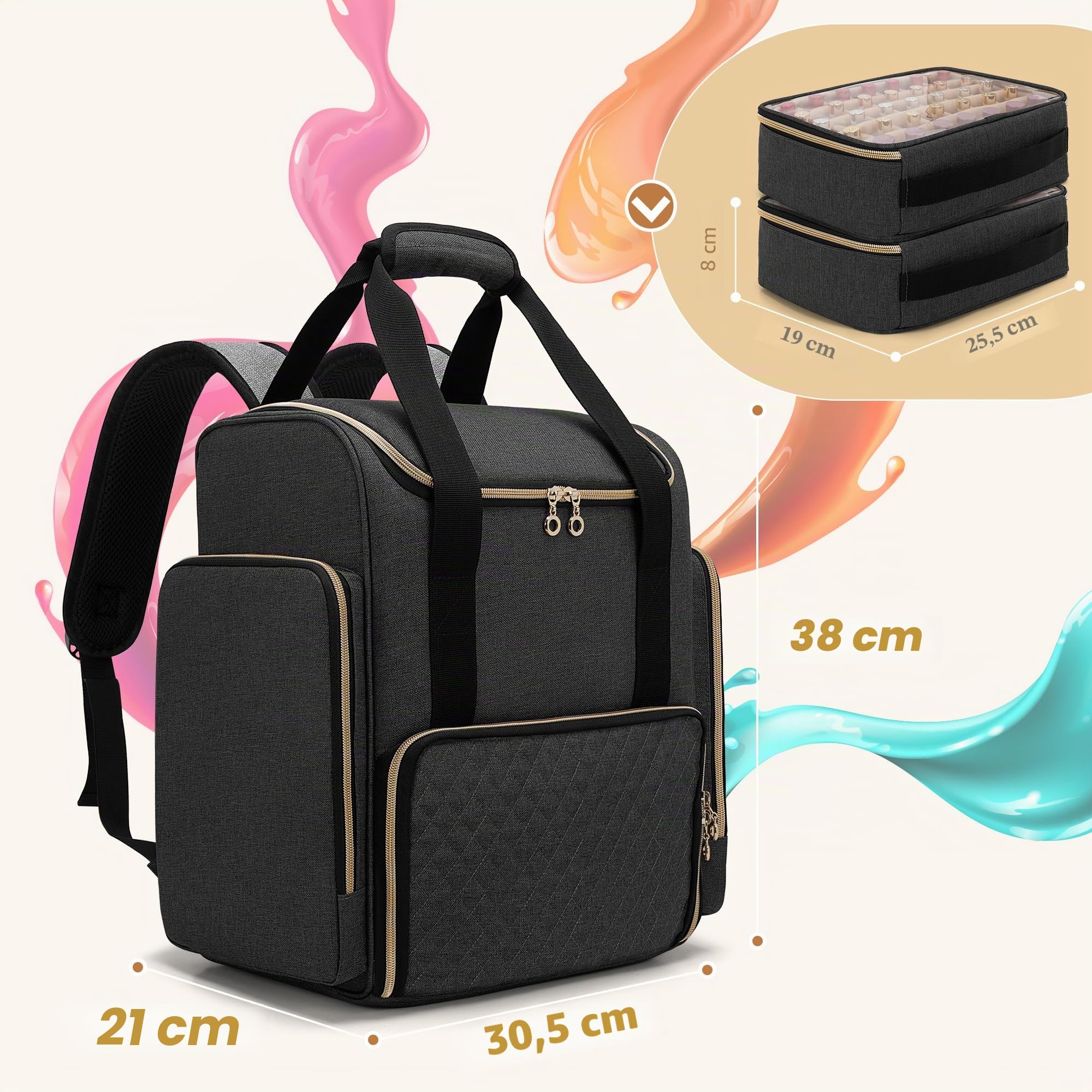 Luxja Zaino organizer per smalti per unghie, contiene 70 bottiglie e una lampada per unghie, borsa per smalto con 2 custodie rimovibili e tasche porta attrezzi (brevettato), Nero , 30.5cm x 21cm x
