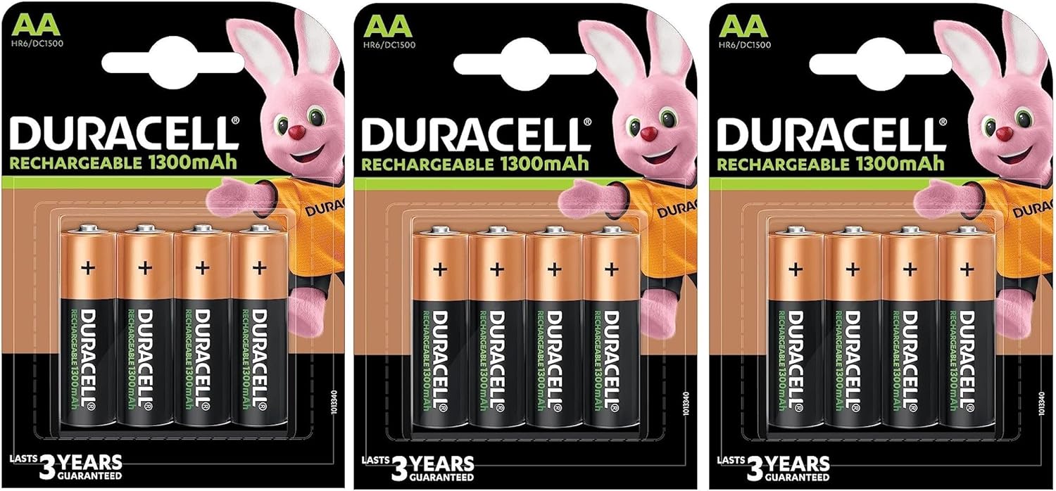 12 x Duracell AA Rechargeable Batteries 1300mAh (3 Blister Packs of 4