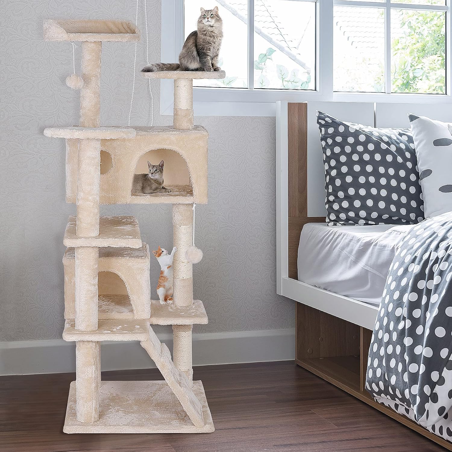 53 inches Heavy Duty Multi-Level Cat Tree Tower with Condo Furniture & Scratching Posts for Kittens Play Rest (Beige)