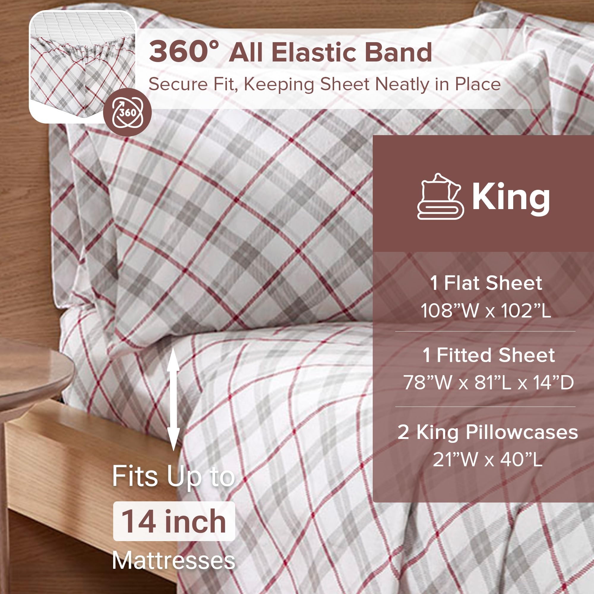Comfort Spaces Sábanas cálidas de Franela de algodón Transpirable con Bolsillos Profundos y Fundas de Almohada, tamaño King, Cuadros Gris/Rojo, 4 Piezas