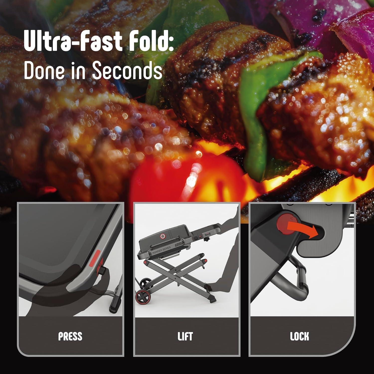 FEASTO Portable Propane Gas Grill with Folding Cart & 13000 BTUs Burner, 360 Sq. In. Cast Iron Cooking Grates, Side Table, 8" Wheels, Stainless Grease Tray, Grey. Includes Propane Adapter Hose
