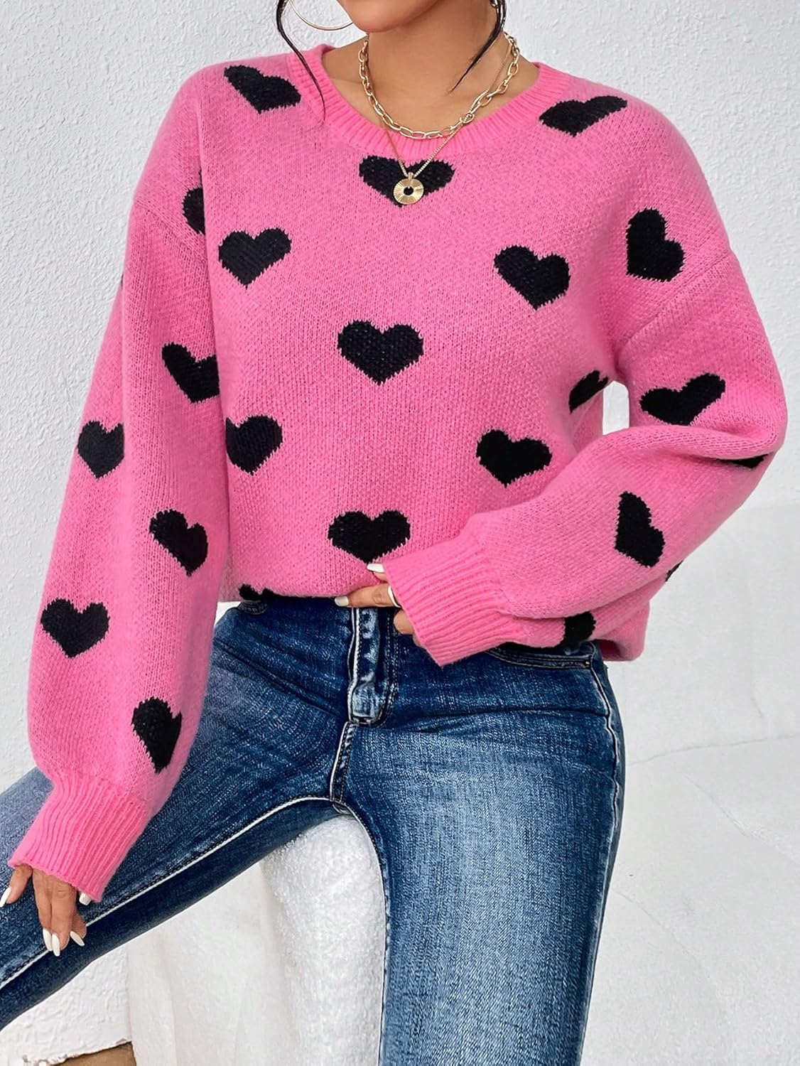 Women's Sweater Heart Pattern Drop Shoulder Sweater Sweater for Women (Color : Hot Pink, Size : Medium)
