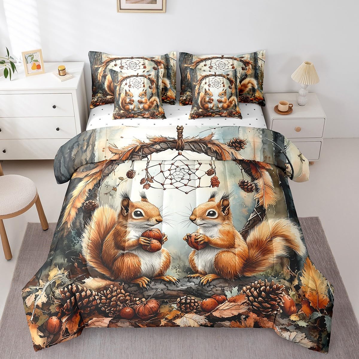 Erosebridal Cardinal Bird Bed in a Bag Queen Comforter Set 7 Piece,Dream Catcher Bedding Sets,Boho Feather Sheet Set with Comforter Woodland Animals Bed Set,Exotic Bohemian Decor