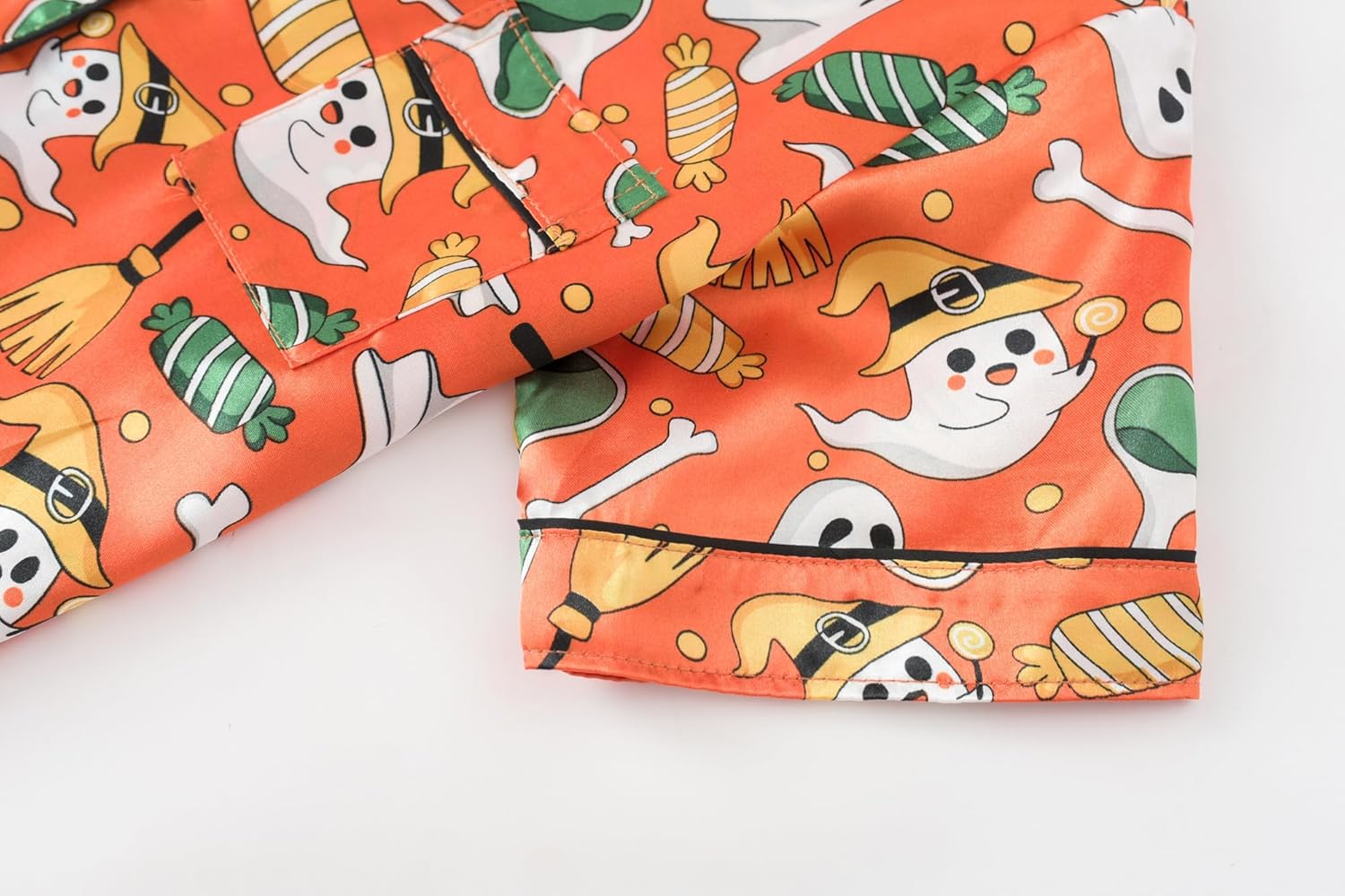 Orange Ghosts Halloween Satin Pajamas for Big Girls Silk Button Down Short Sleeve & Pants PJS 2PCS Size 8-16 - Image 4
