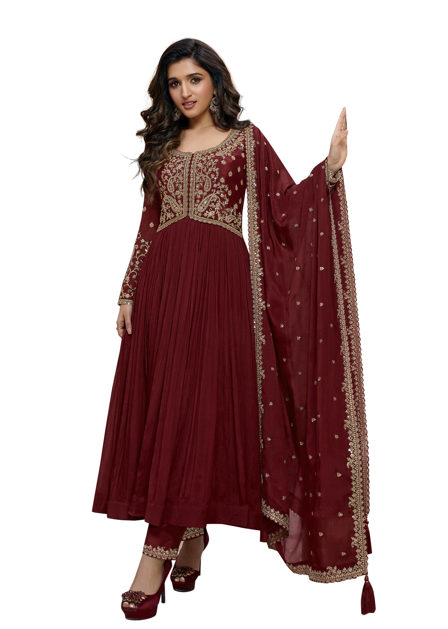 TRENDMALLS Women's Silk Blend Embroidery Sequence Work Anarkali Kurta Pant Set with Dupatta For Women
