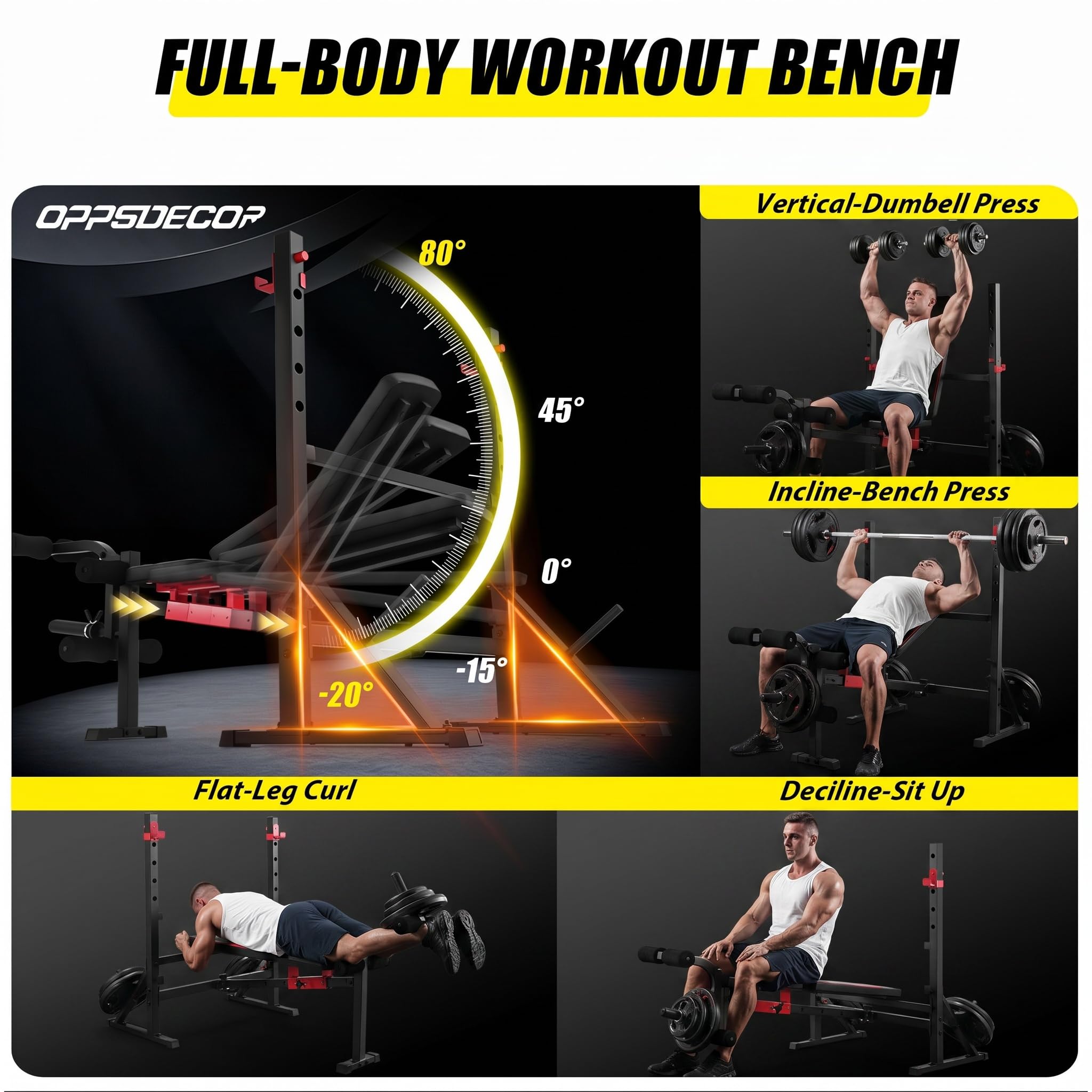 OPPSDECOR Adjustable Olympic Weight Bench with Rack & Leg Curl Sliding Seat | Fits Up to 6'4" 900LBS Heavy Duty Foldable Bench Press Set for Home Gym Flat Incline Decline Workout Bench for Tall People