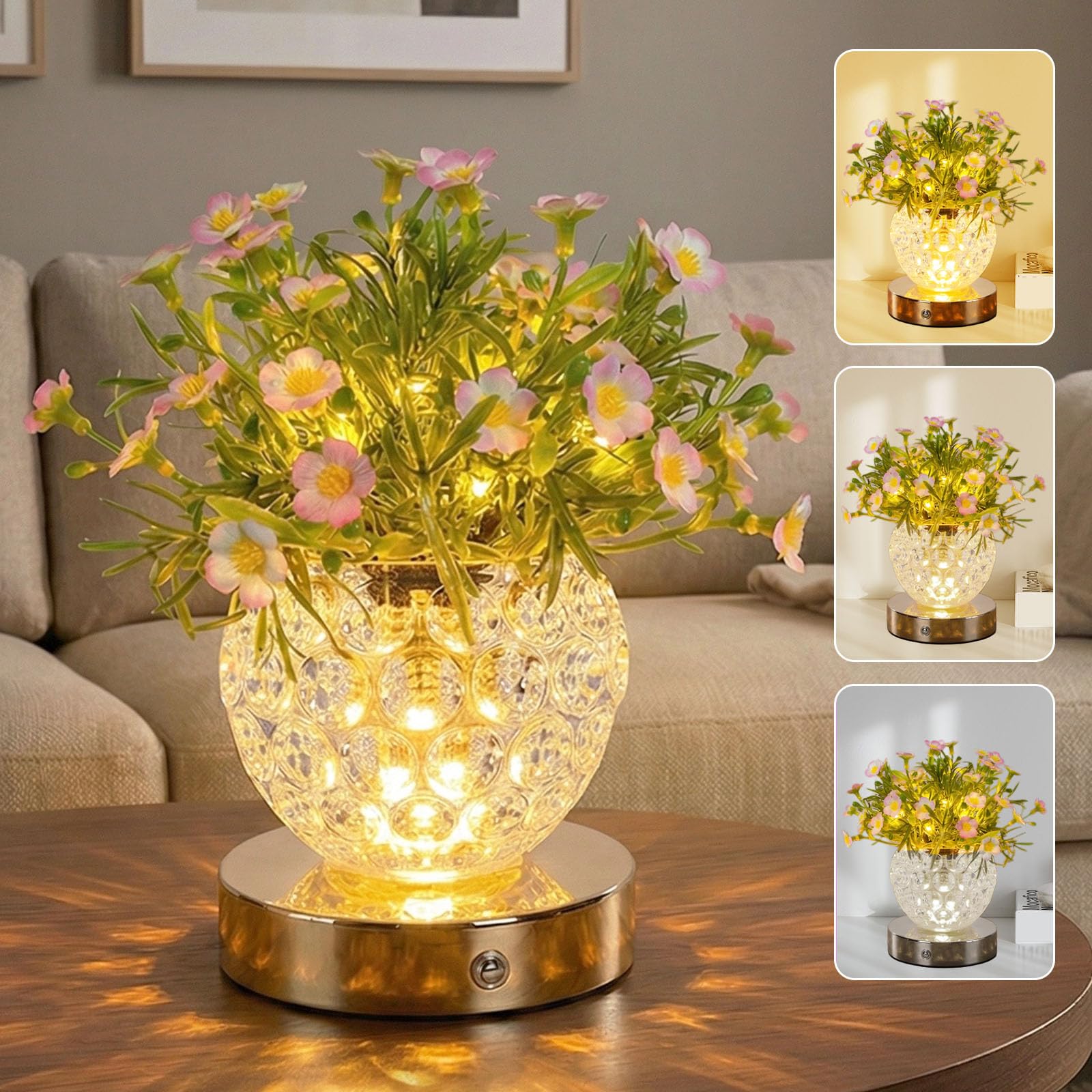 Plmmperation Flower Table Lamp, 3 Colors Touch Dimming Daisy Night Light, Rechargeable Artificial Flower Light, LED Flower with Vase Lamp Romantic Decor for Date Party Home (Pink - Heronsbill)