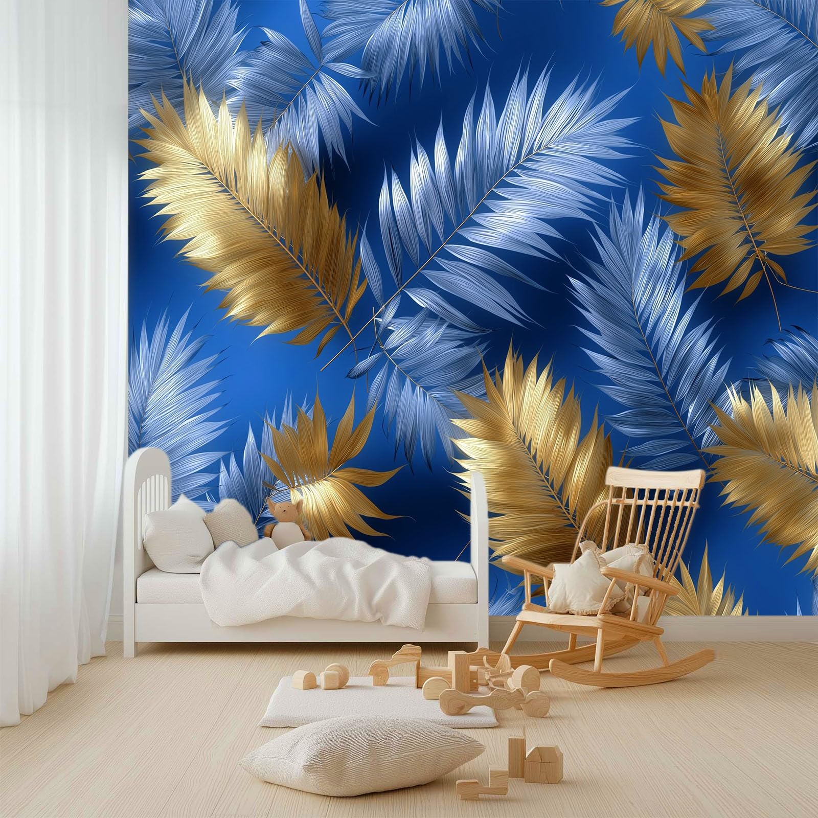 Générique Tropikalne Panoramiczne Rośliny Liście Drzewo Palmowe Granatowa Dżungla 250 x 175 cm - Nowoczesny gobelin ścienny z włókniny do salonu, sypialni lub pokoju dziecięcego