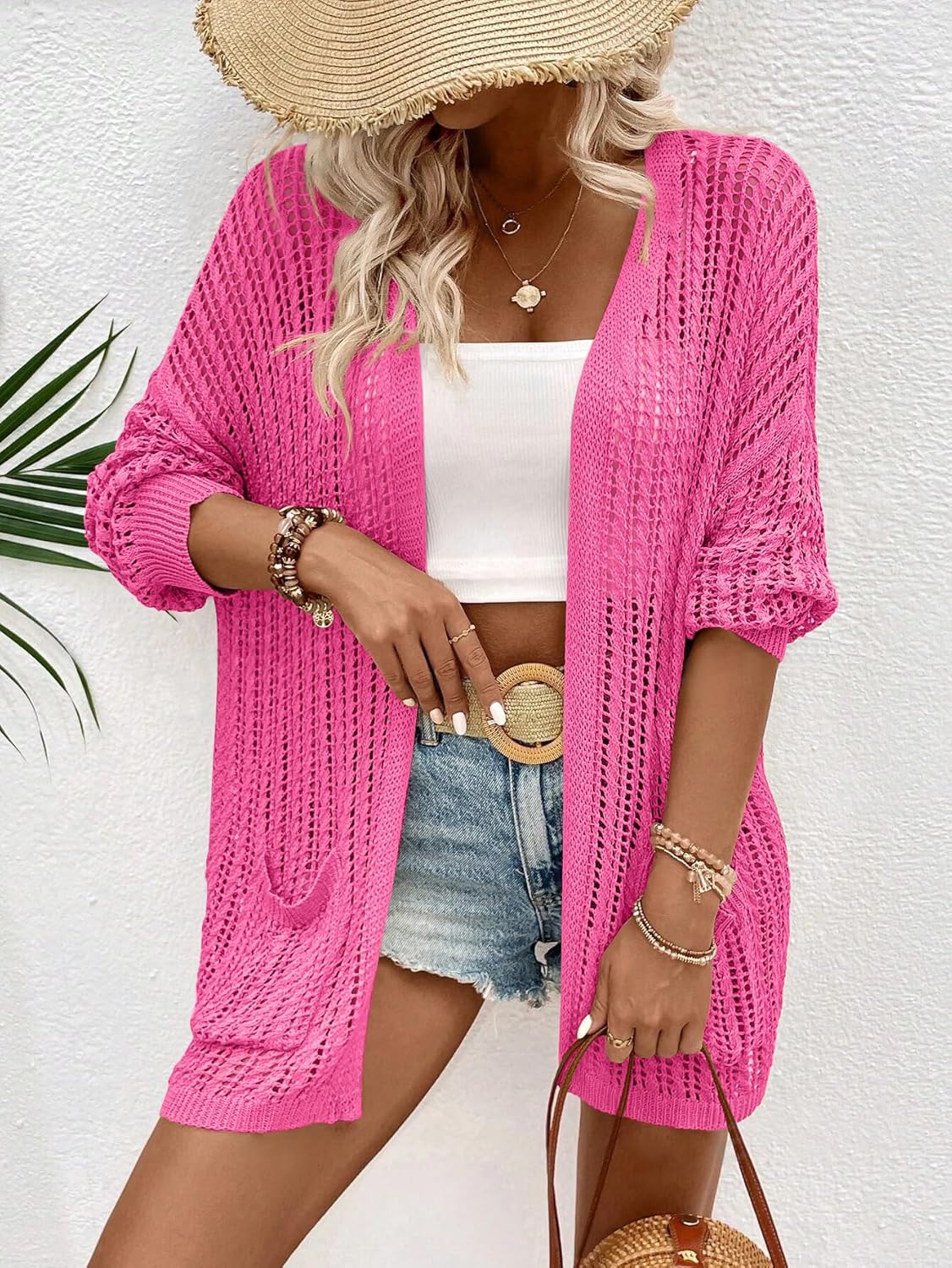 Womens Crochet Cardigan Sweater Lightweight Rib Knit Open Front Sweater Coats Cover Up - Image 2