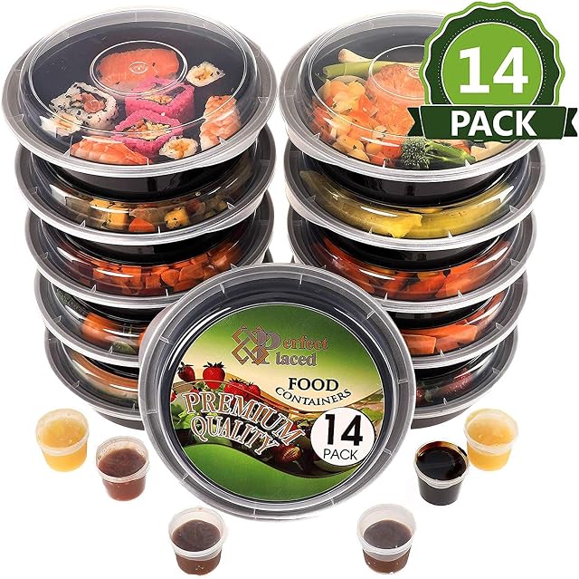 Perfect Placed Round Meal Prep Containers.BPA FREE Food Containers with Lids. Microwavable, Freezer & Dishwasher Safe + EBook [680 mL] 10 Pack + FREE 10 Sauce/Dressing Tubs & 10 Labels