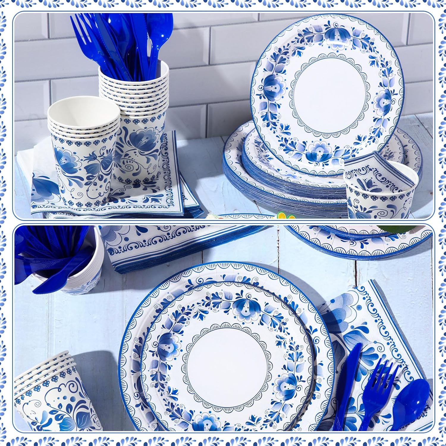175 Pcs Blue White Floral Disposable Tableware Set Serves 25 Guests Chinoiserie Flower Paper Plates Napkins Cups Knifes Forks Spoons for Wedding Birthday Tea Bridal Baby Shower Party Supplies