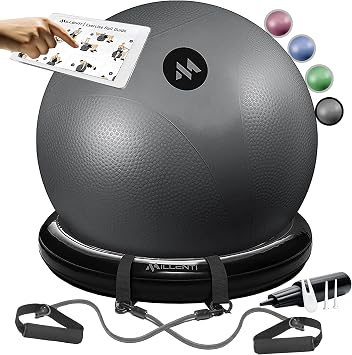 Millenti Exercise Ball Chair 65cm - Yoga Ball Chair Stability Base Ring Kit & Fitness Resistance Bands For Home, Gym Bundle, Pilates Ball, Office Chair, Birthing Ball For Pregnancy - With Workout Chart