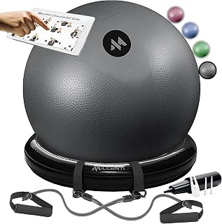 Millenti Exercise Ball Chair 65cm - Yoga Ball Chair Stability Base Ring & Fitness Resistance Bands for Home, Gym, Pilates, Office Chair, Pregnancy Birthing Ball, Workout Chart, Gray, YB2LGY