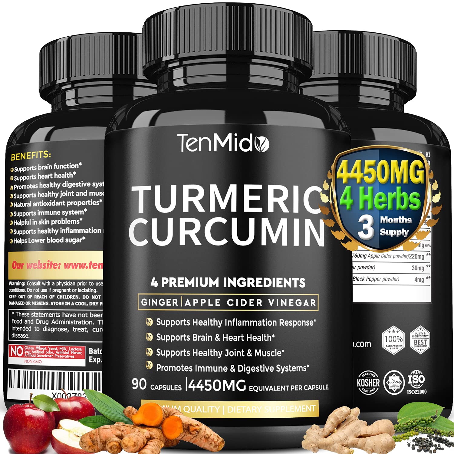 Turmeric Curcumin Extract Capsules, 3 Months Supply, 95% Curcuminoids with Apple Cider, Ginger, Pepper - Improves Digestive, Immune Health