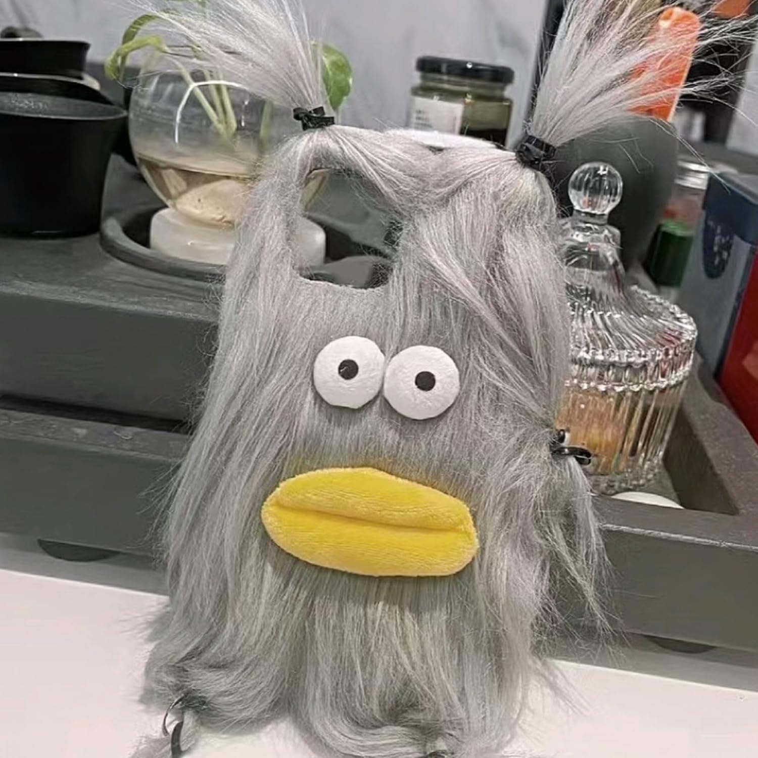 Gray Furry Phone Case for iPhone 14 Pro Max, 3D Cartoon Cute DIY Long Hair Funny Face Warm Protective Fuzzy Cover for Women Girls image 4
