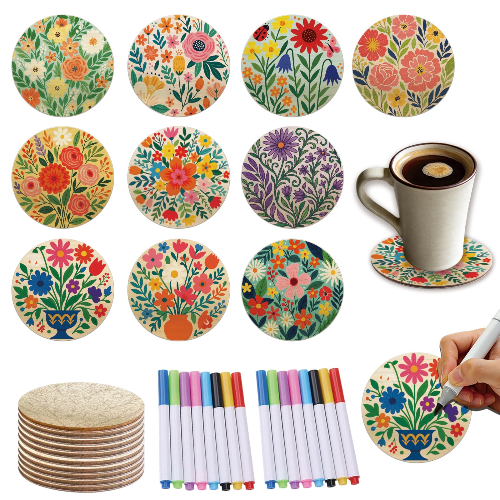 TWINKLEMON 10 Pcs Wooden Coasters Painting Set, 4 Inch Plants Theme DIY Funny Coasters with 8-colour Marker, Round Cork Coaster for Painting Arts Crafts Housewarming Coffee Table Home Apartment Decor โ image 1