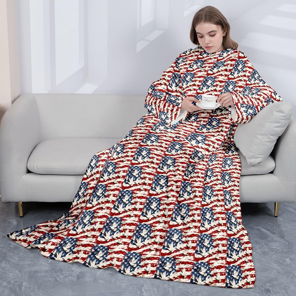 Homemissing Manta de forro polar con mangas para mujer, cálida y acogedora de 50 x 70 pulgadas, manta de felpa mullida con diseño de bandera para niños, manta de felpa súper suave con diseño de la