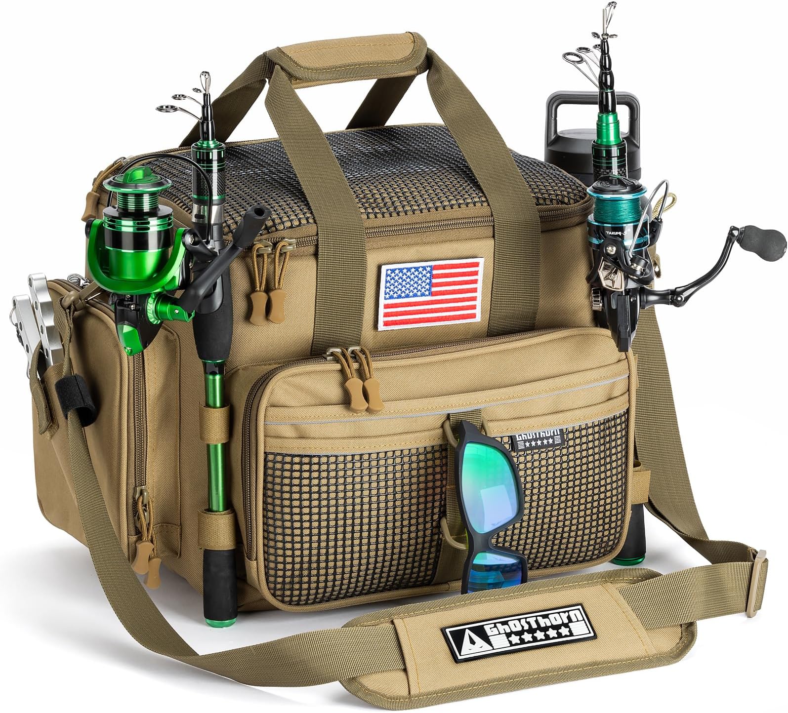 Ghosthorn Fishing Tackle Bag with Rod Holder Saltwater & Freshwater Resistant Large Tackle Box Bag - Adjustable Padded Shoulder Strap (Khaki)