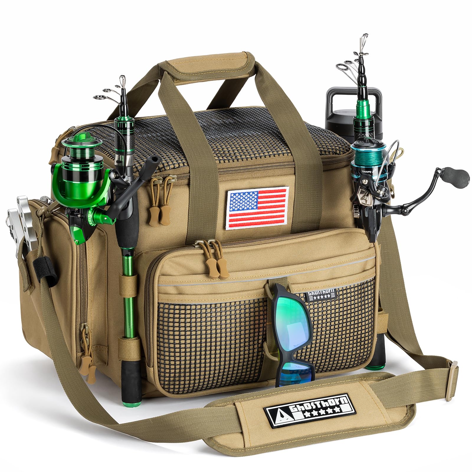 Ghosthorn Fishing Tackle Bag for Saltwater & Freshwater - Versatile Water Resistant Tackle Box Bag Stores Up to 6 Bait Boxes - Durable Fishing Gear Organizer