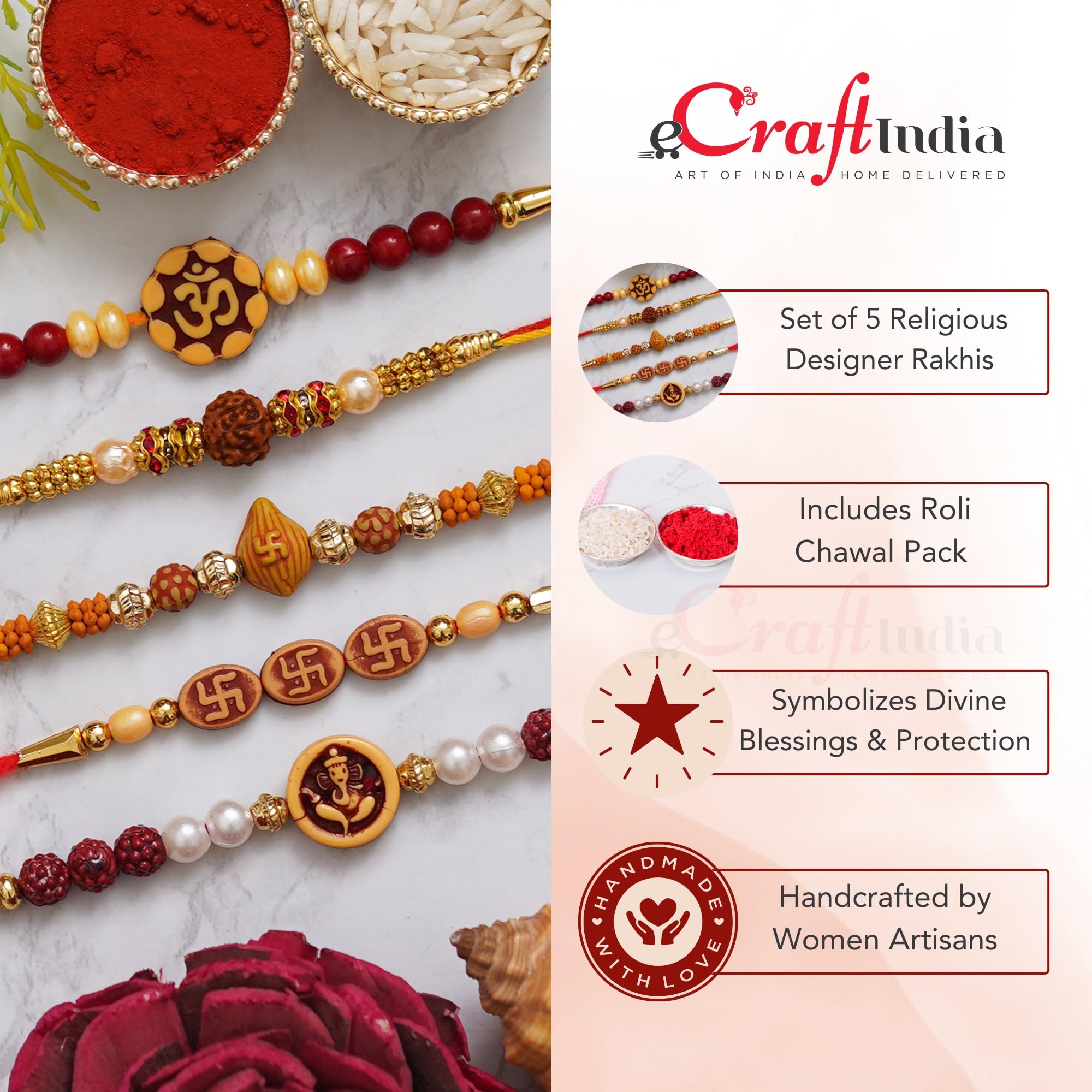 eCraftIndia Set of 5 Om, Rudraksha, Swastik, Pearls, Ganesha Designer Rakhis for Brothers with Best Bro Ever Fridge Magnet and Roli Chawal Pack 2